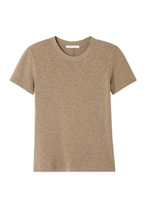 Beige T-Shirt mit kurzen Ärmeln und Rundhalsausschnitt aus dezent strukturiertem Stoff, flach auf weißem Hintergrund liegend.