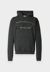 Črna jopa iz bombažnega mešanice z žepom spredaj, kapuco z vrvico in mat črnim logotipom čez prsni del.