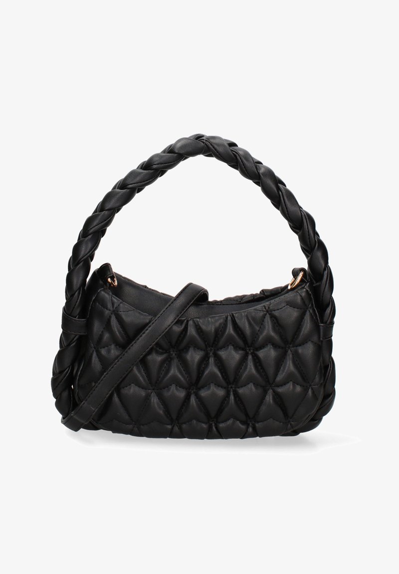 Borsa a tracolla nera trapuntata con manico intrecciato, caratterizzata da una texture morbida e una forma compatta e arrotondata. Include una tracolla removibile.