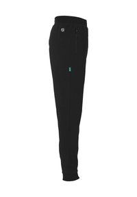 Sorte atletiske joggers med en taperet design, lavet af blødt stof. Funktioner inkluderer en lynlås lomme og et grønt accentmærke på siden.