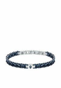 Marinblå metallarmband med silverdetaljer, med en kedjelänkdesign och små cirkulära detaljer. Centralt logoelement ingår.