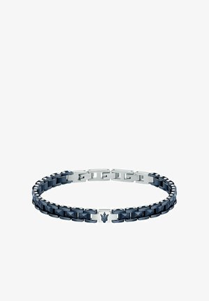 Marineblauwe metalen armband met zilveren accenten, met een schakels ontwerp en kleine ronde details. Centraal logo-element inbegrepen.