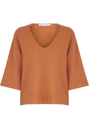 Opečeni oranžni pleteni top z V-izrezom, širokimi tri četrtinskimi rokavi in sproščenim krojem. Teksturirana tkanina v enotni barvi z minimalnim detajliranjem.