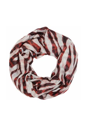 Leichtes Infinity-Tuch mit weißem Hintergrund und kräftigen rot-braunen Zebra-Streifenmustern. Sanfte Textur und kreisförmiges Design.