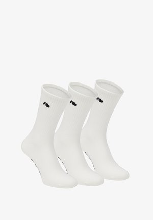 Białe skarpetki bawełniane typu crew, z prążkowaną teksturą, czarnym logo serca i bezszwowym designem palców. Trzy pary wyeksponowane razem.