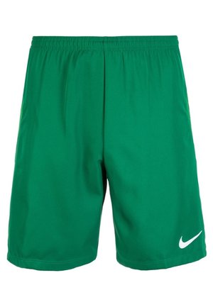 Grønne atletikshorts med elastisk linning og lille hvid Nike-swoosh-logo på nederste højre ben.