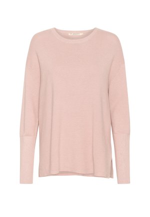 Pink knit sweater with a round neckline, long sleeves, ribbed texture, and side slits. Soft fabric and relaxed fit.