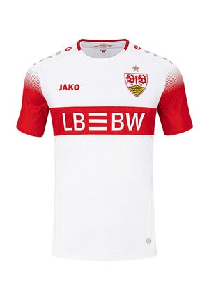 Hvid og rød sportsjakke med "LBBW" logo på brystet, JAKO mærke og et våbenskjold med en stjerne og rødt design på venstre side.