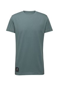Koszulka z krótkim rękawem w stonowanym odcieniu teal, wykonana z miękkiego materiału, z okrągłym dekoltem i małą czarną metką z logo na dolnym brzegu.