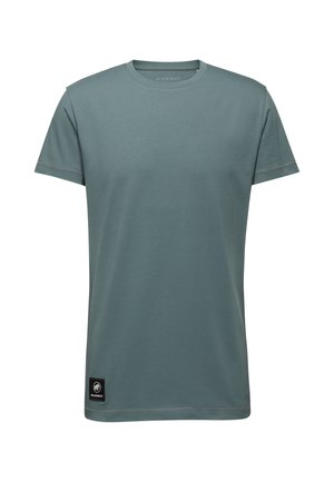 Short-sleeve T-shirt in a muted teal color, made of soft fabric, featuring a round neck and a small black logo tag at the hem.