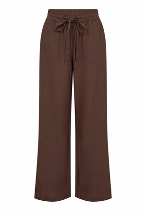 Pruunid laiad püksid pehme tekstuuriga, elastse vöökoha ja reguleeritava nööriga. Lihtne, ilma kaunistusteta disain.