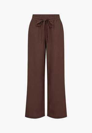 Pantalons marron à jambes larges avec une texture douce, une taille élastique et un cordon de serrage ajustable. Design simple et épuré.