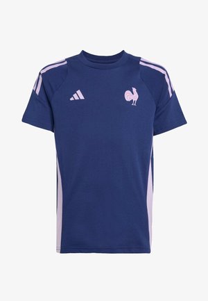 Námořnická modrá bavlněná tričko s růžovými akcenty. Má boční panely, krátké rukávy a logo kohouta na hrudi. Klasický design s kulatým výstřihem.