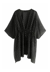 Crna prozirna bluzica kimono stila s dubokim V-izrezom, kratkim rukavima, elastičnim strukom i bijelim točkicama po cijeloj tkanini.