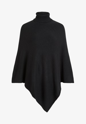 Black knitted poncho featuring a high turtleneck, shaped in a triangular design with a soft, textured finish.