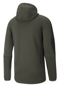 Hooded jacket gemaakt van glad, donkergroen stof met een gestructureerd ontwerp. Heeft lange mouwen en zijpanelen in een contrasterende textuur.