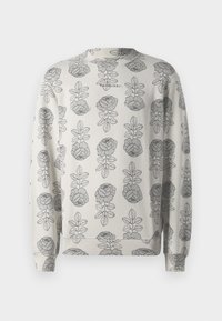 Sudadera beige de mangas largas con un patrón repetido de rosas y hojas grises, con la marca Marimekko cerca del cuello.