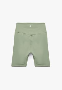 Gröna träningsshorts gjorda av slät tyg, med hög midja och en liten logotyp centrerad på baksidan. Baksidan visas.