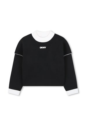 Pull long à manches longues noir, cropped, avec un col rond et des poignets côtelés blancs, des coutures blanches sur les manches, et un logo DKNY blanc centré sur la poitrine.