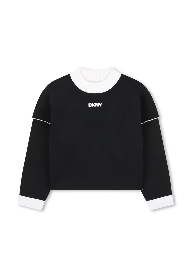 Maglione nero a maniche lunghe cropped con colletto e polsini a coste bianchi, cuciture bianche sulle maniche e logo DKNY bianco centrato sul petto.