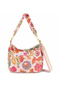 Sac à motif floral avec une base rose, mettant en valeur des fleurs et des feuilles colorées. Comprend une sangle en tissu texturé et des accents en dorure.