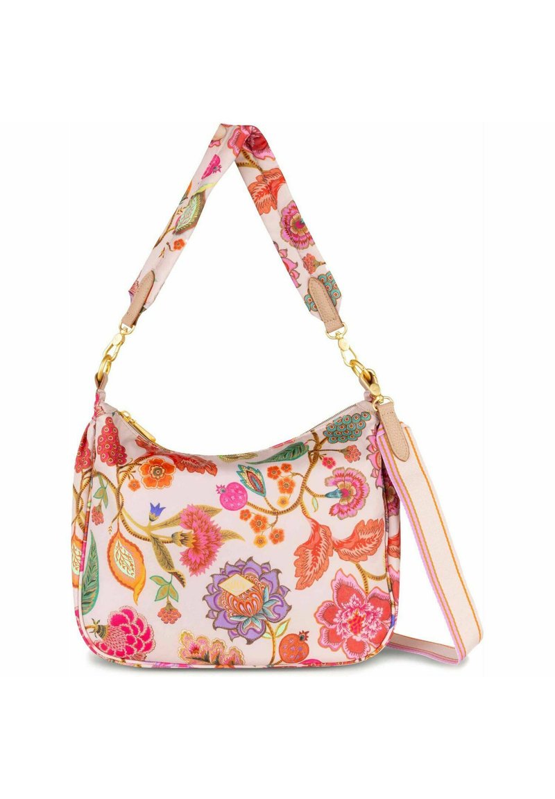 Sac à motif floral avec une base rose, mettant en valeur des fleurs et des feuilles colorées. Comprend une sangle en tissu texturé et des accents en dorure.