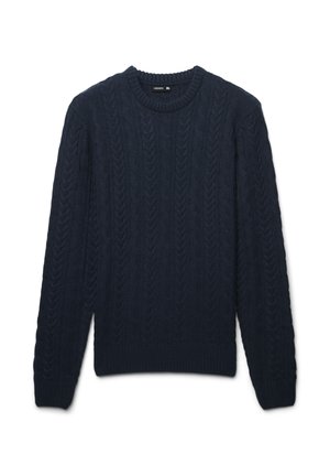 Maglione blu navy a maglia cable con scollo a girocollo, caratterizzato da motivi testurizzati e polsini e orlo a coste, realizzato in un tessuto morbido e caldo.