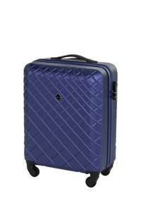 Maleta rígida de color azul oscuro con textura acolchada, que cuenta con un asa superior, cierre de cremallera y cuatro ruedas negras para mayor movilidad.