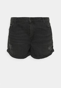 Czarne szorty dżinsowe z efektem przetarcia, podwiniętymi brzegami, dwoma przednimi kieszeniami oraz zapięciem na guzik. Charakteryzują się delikatnym wyblaknięciem i teksturowanymi miejscami.