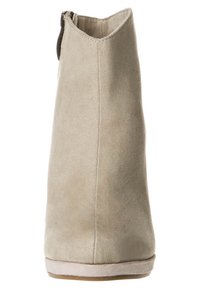 Beige suede ankle boot with a smooth texture, tapered shape, and a back zipper. The sole is slightly contoured for comfort.