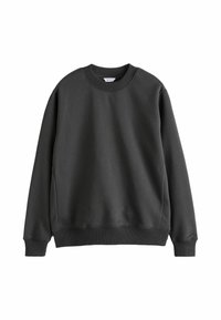 Sudadera gris oscura hecha de una mezcla de algodón, con cuello redondo acanalado, mangas largas y puños y dobladillo acanalados. Textura suave, sin patrones.