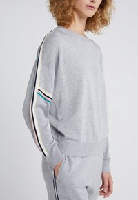 Sweatshirt gris à manches longues, avec des poignets et un ourlet côtelés. Présente des rayures vertes, jaunes, bleues et noires allant le long des manches.