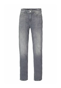 Grijze denim jeans met een rechte pasvorm, vijf zakken en een lichte vervaging. Beschikt over een knoopsluiting en riemlussen op de taille.