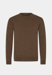 Maglione lavorato a maglia marrone con scollo rotondo classico, maniche lunghe e polsini e orlo a coste. Tessuto morbido con un design senza cuciture.