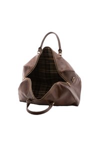 Sac de voyage en cuir marron avec un intérieur en tissu à carreaux, doté d'une large ouverture, de poignées doubles et d'accents en métal doré.