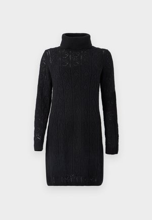 Vestito nero lavorato a maglia con un alto collo a dolcevita, maniche lunghe e un intricato motivo a diamante; presenta polsini e orlo a coste.