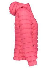 Růžová péřová bunda s kapucí, s prošívaným designem, hladkým povrchem a dvoucestným zipem. Lehká a kompaktní.