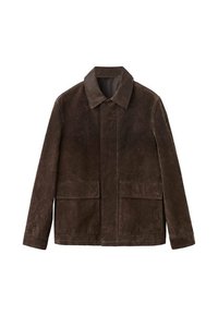 Smeđa jakna od brušene kože s ovratnikom od manšestera, dva prednja džepa i ravnim krojem. Mekana tekstura i minimalistički stil.