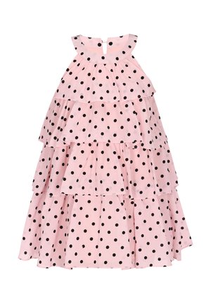 Ružové bezrukávové šaty s čiernymi bodkami, vrstvenými volánmi a zapínaním na gombík na chrbte pre jednoduché obliekanie. Mäkko a ľahké tkaniny.