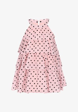 Vaaleanpunainen hihaton mekko, jossa on mustia pilkkuja, kerroksellisia rypytyksiä ja takana nappisulkeminen helppoa pukemista varten. Pehmeä, kevyt kangas.