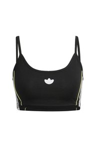 Svart kortad sportbh med tunna remmar, vitt Adidas-logotyp centrerad och subtila gula och vita sidostråk.