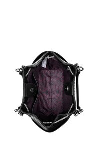 Black leather handbag with silver chain accents. Interior features a patterned purple lining and snap closures on the sides.
