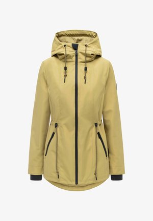 Ljusbrun huva jacka med svart dragkedja, justerbara dragsnören på huva och midja, sidofickor med dragkedja och ribbade svarta muddar.