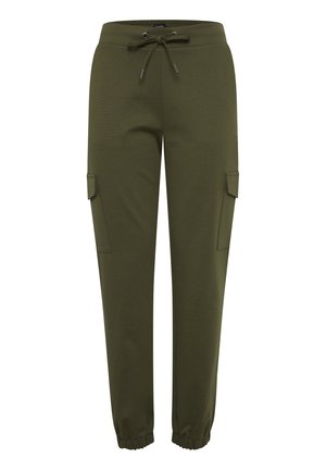 Grønne joggebukser laget av mykt stoff med elastisk midjebånd, justerbar snor, ribbede ankler og sidelommer.