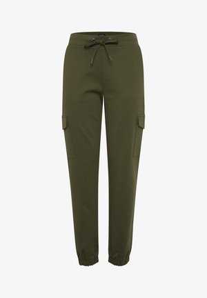 Green joggers made of soft fabric with an elastic waistband, adjustable drawstring, cuffed ankles, and side cargo pockets.