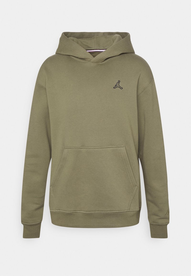 Sweat à capuche vert olive en tissu doux, avec une poche kangourou à l'avant et un petit logo noir sur la poitrine, coupe décontractée et poignets côtelés.