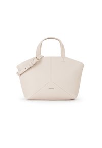 Borsa a mano in pelle beige con una forma strutturata, dotata di doppi manici, una tracolla rimovibile e una finitura testurizzata.