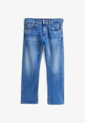 Blå denim jeans med straight leg design, med front- og baglommer, sølvdetaljer og subtile falmninger langs stoffet.