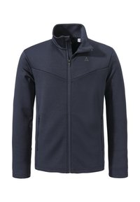 Marineblaues Zip-Jackett aus strukturiertem Stoff, mit hohem Kragen und zwei seitlichen Taschen. Verfügt über ein dezentes dreieckiges Logo auf der Brust.