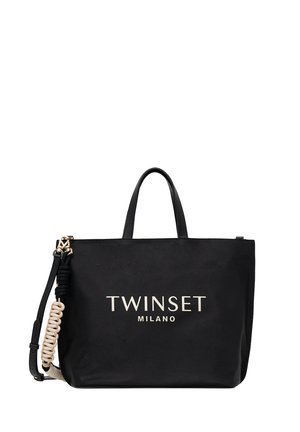 Borsa tote Twinset Milano nera con due manici corti, tracolla staccabile e dettaglio decorativo intrecciato beige su uno sfondo semplice.